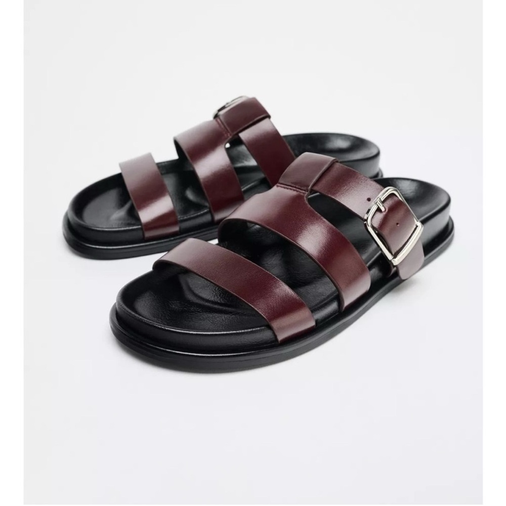 Burgundy Leather Slide Sandals